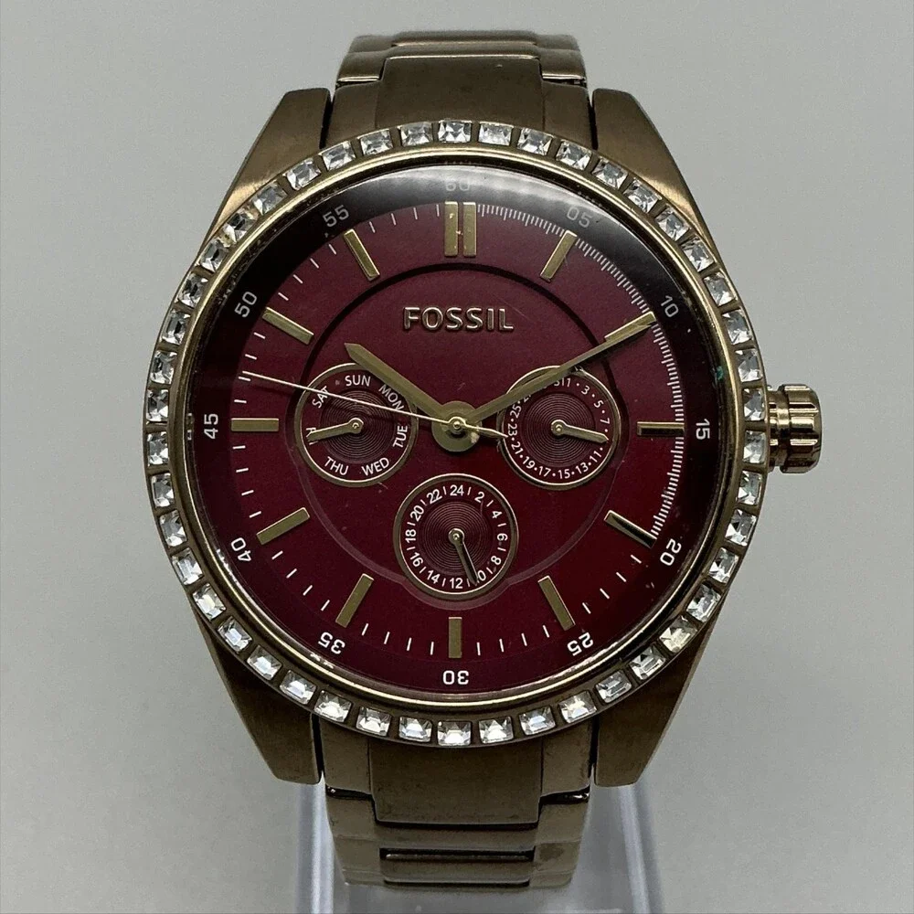 Fossil Riley BQ3040 Womens Watch 40mm Red Dial Gold Tone New Battery 6.5